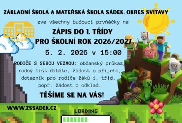 ZÁPIS DO 1. ROČNÍKU PRO ŠKOLNÍ ROK 2026/2027